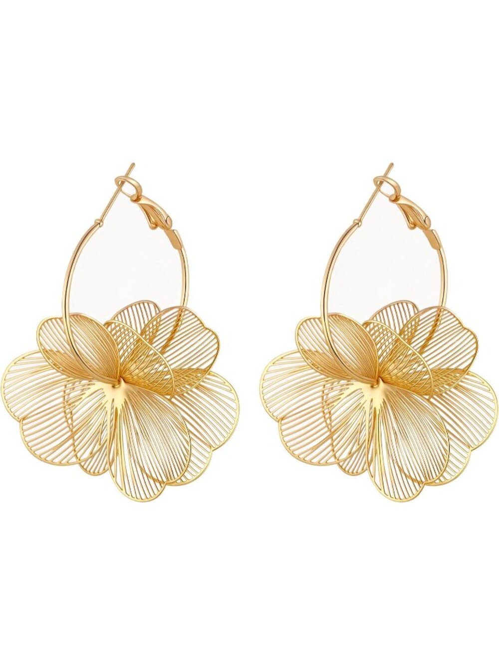 Women's Gold Flower Drop Filigree Statement Hoop Dangle Floral Earrings
